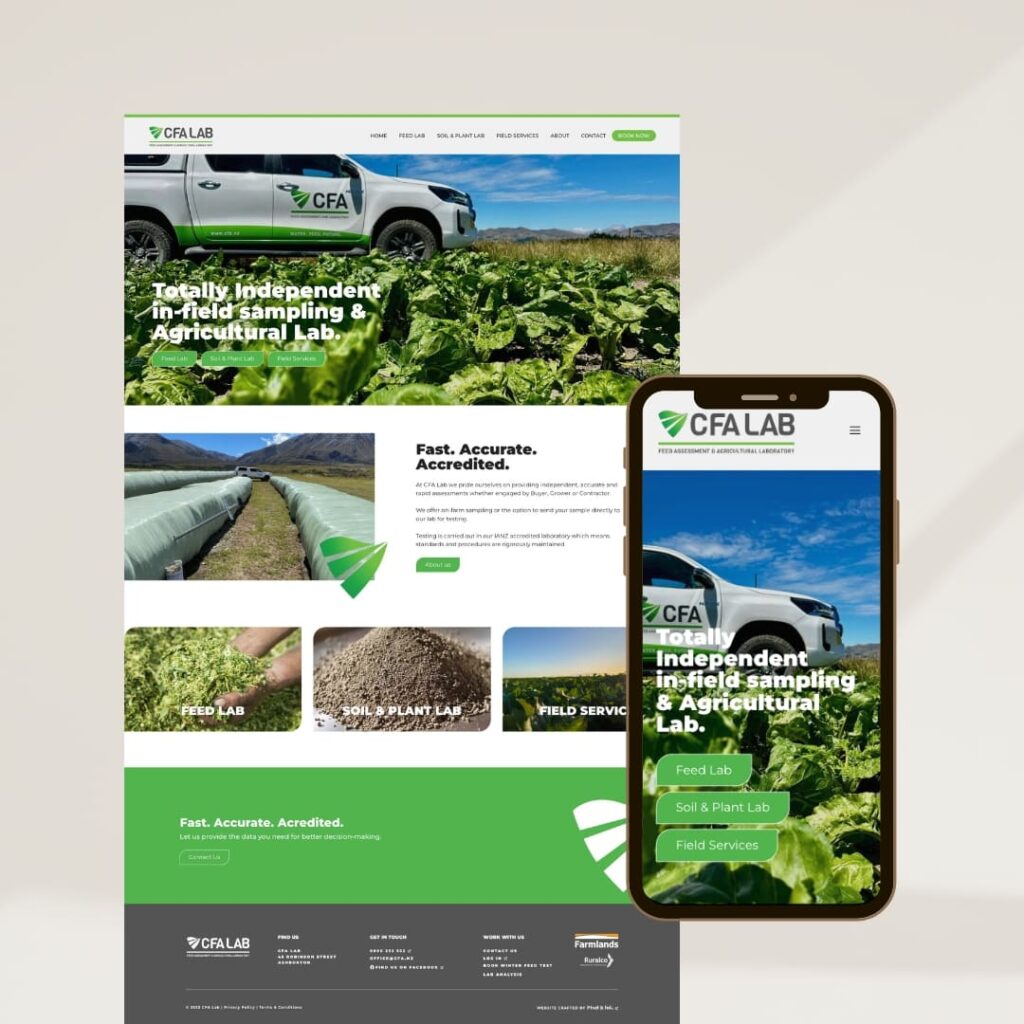 A website for CFA Lab, designed as a high performing website, is displayed on desktop and mobile screens, featuring images of a pickup truck in a field and green crops, with navigation options for lab and field services.