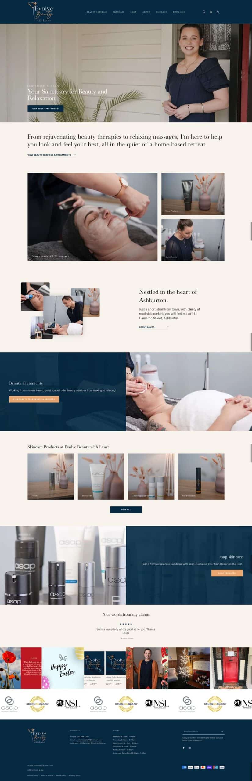 Screenshot of a beauty salon website featuring a welcoming therapist, treatment images, service descriptions, skincare products, client reviews, and contact information in a clean, modern layout.