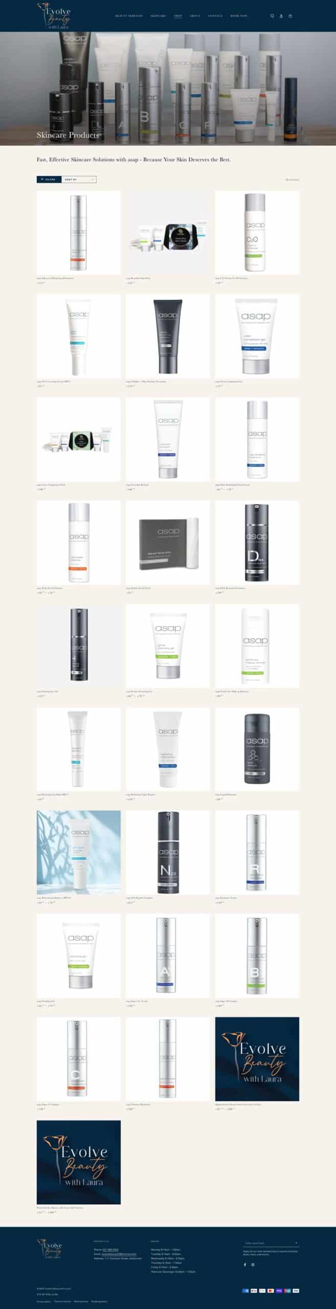 Screenshot of an e-commerce webpage displaying a grid layout of various skincare products with images, names, and prices, alongside site navigation menus and promotional banners.