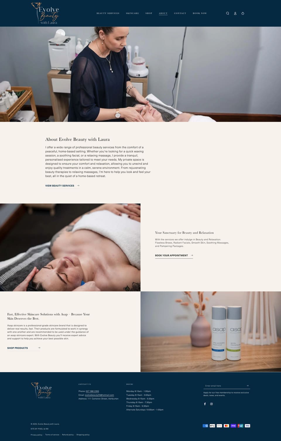 A beauty therapist performs a facial treatment on a client in a spa setting with skincare products and towels visible on a side table.