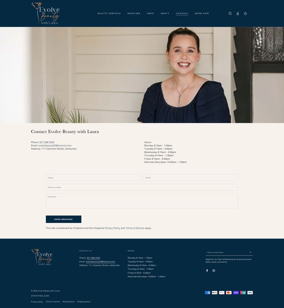 A woman is seated and smiling on the Contact page of Evolve Beauty with Laura. The page includes contact details, a message form, business hours, and the salon’s address.
