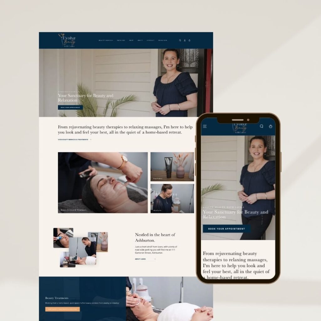 A high performing website for a beauty and relaxation business is displayed on a desktop screen and a mobile phone, featuring images of treatments and a smiling woman in a navy top.
