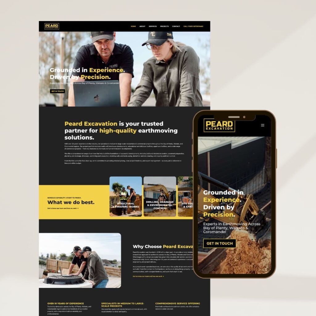 A website and mobile phone display the homepage for Peard Excavation, showcasing high performing websites with images of excavation work, workers on site, and company branding in black and yellow.