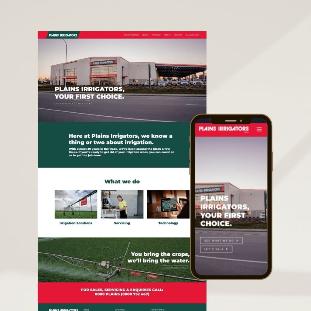 A desktop and mobile view of the Plains Irrigators website, showcasing a high performing website design with sections for services, company information, and contact details.