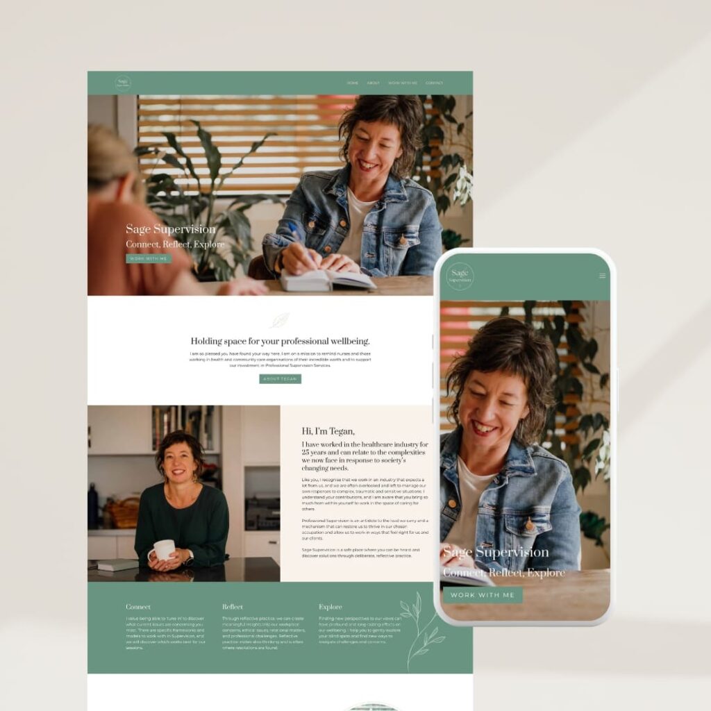 A desktop and mobile view of a high performing website featuring a woman smiling and writing in a notebook, with text introducing her professional wellness services.