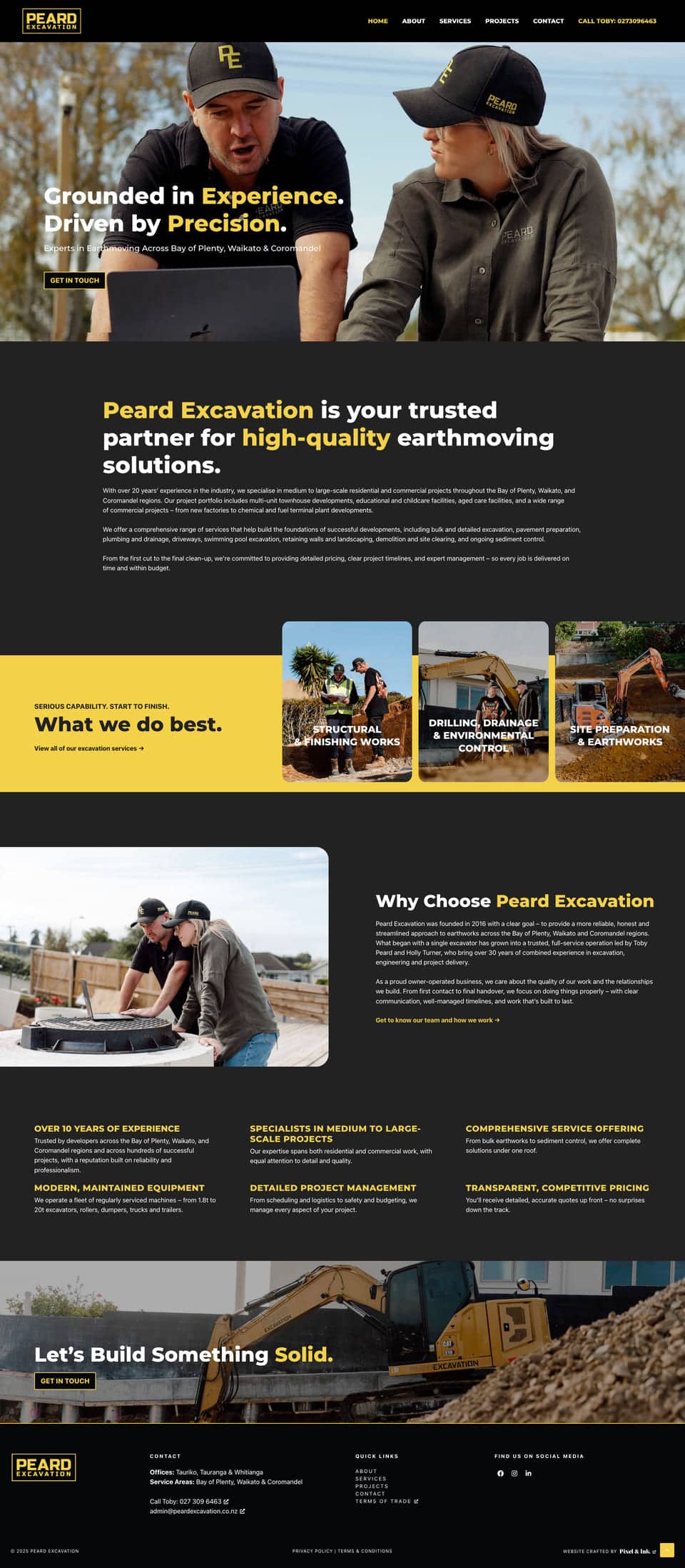 Two workers in Peard Excavation uniforms discussing plans on-site, with construction equipment and earthmoving activities in the background. Website showcases company services and projects.
