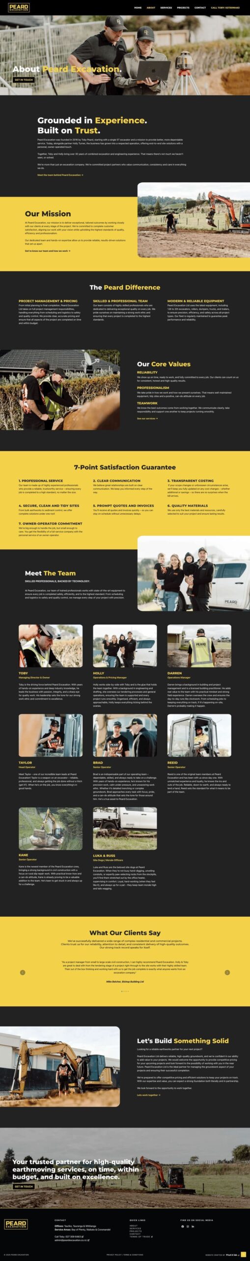 Screenshot of a construction company's website featuring sections on mission, values, team members, client testimonials, and photos of staff at work and on job sites.