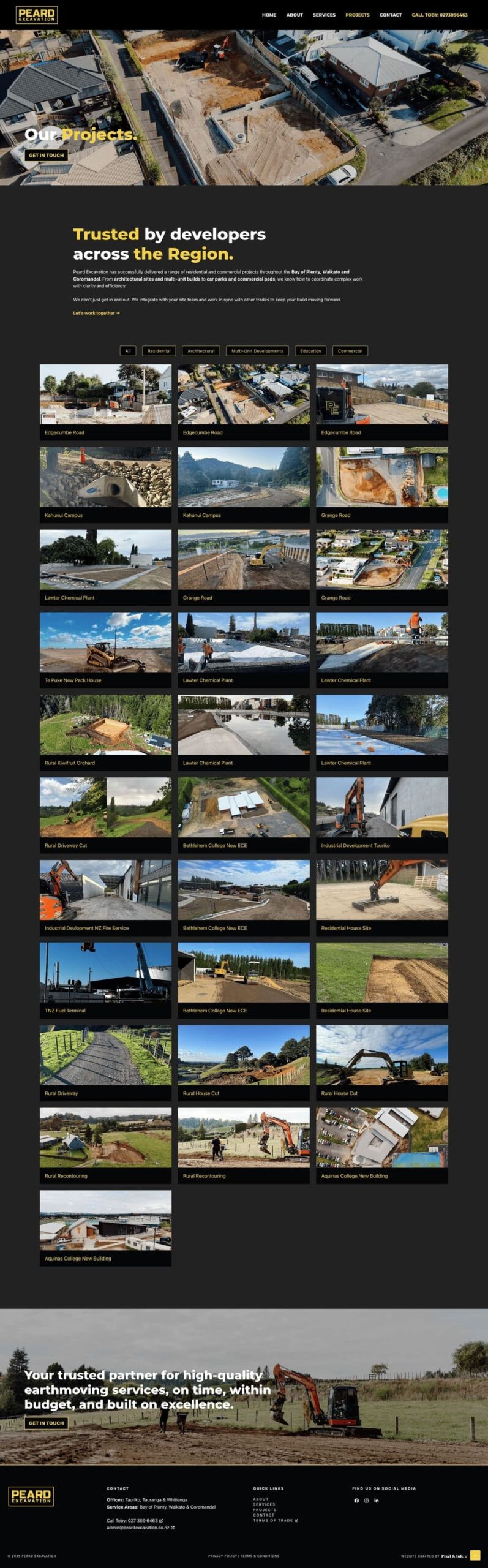 A construction company website displays aerial and ground photos of various building sites, heavy machinery, and completed infrastructure projects in a grid layout.