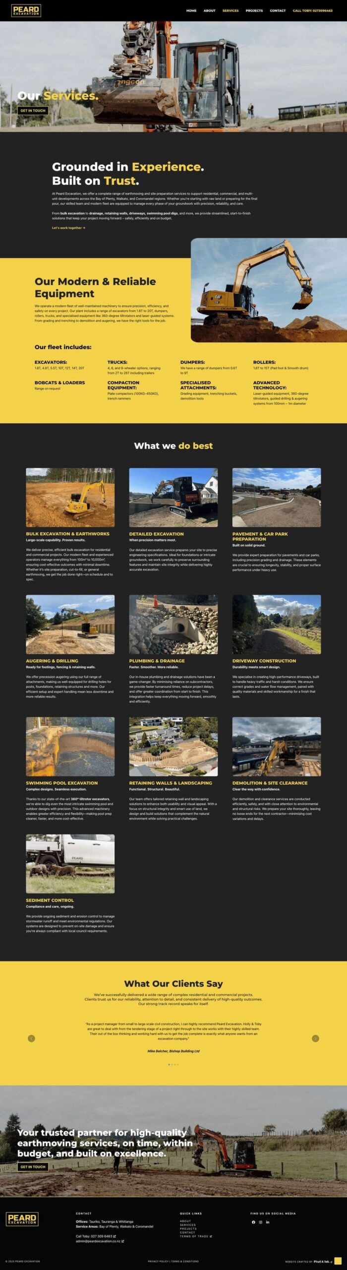 Screenshot of a construction company's website homepage featuring heavy machinery, service descriptions, client testimonials, and contact details on a black and yellow-themed layout.