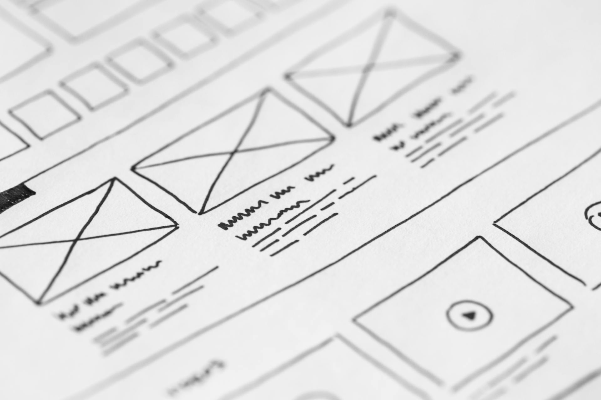 Close-up of a hand-drawn website wireframe layout on paper, featuring boxes, lines, text placeholders, and a play button icon.