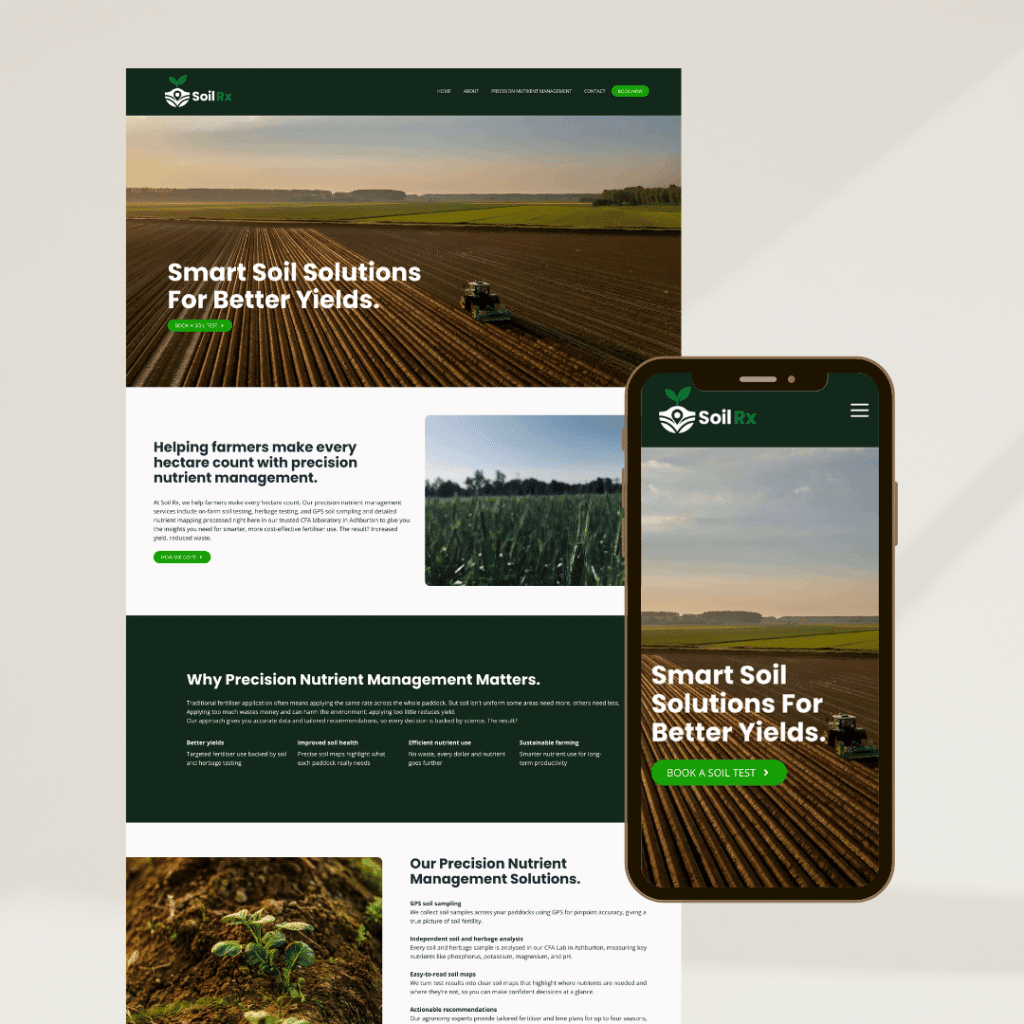 A desktop and mobile view of a website for Soil Rx, showing sections on smart soil solutions, nutrient management, and booking a soil test, with images of farmland.