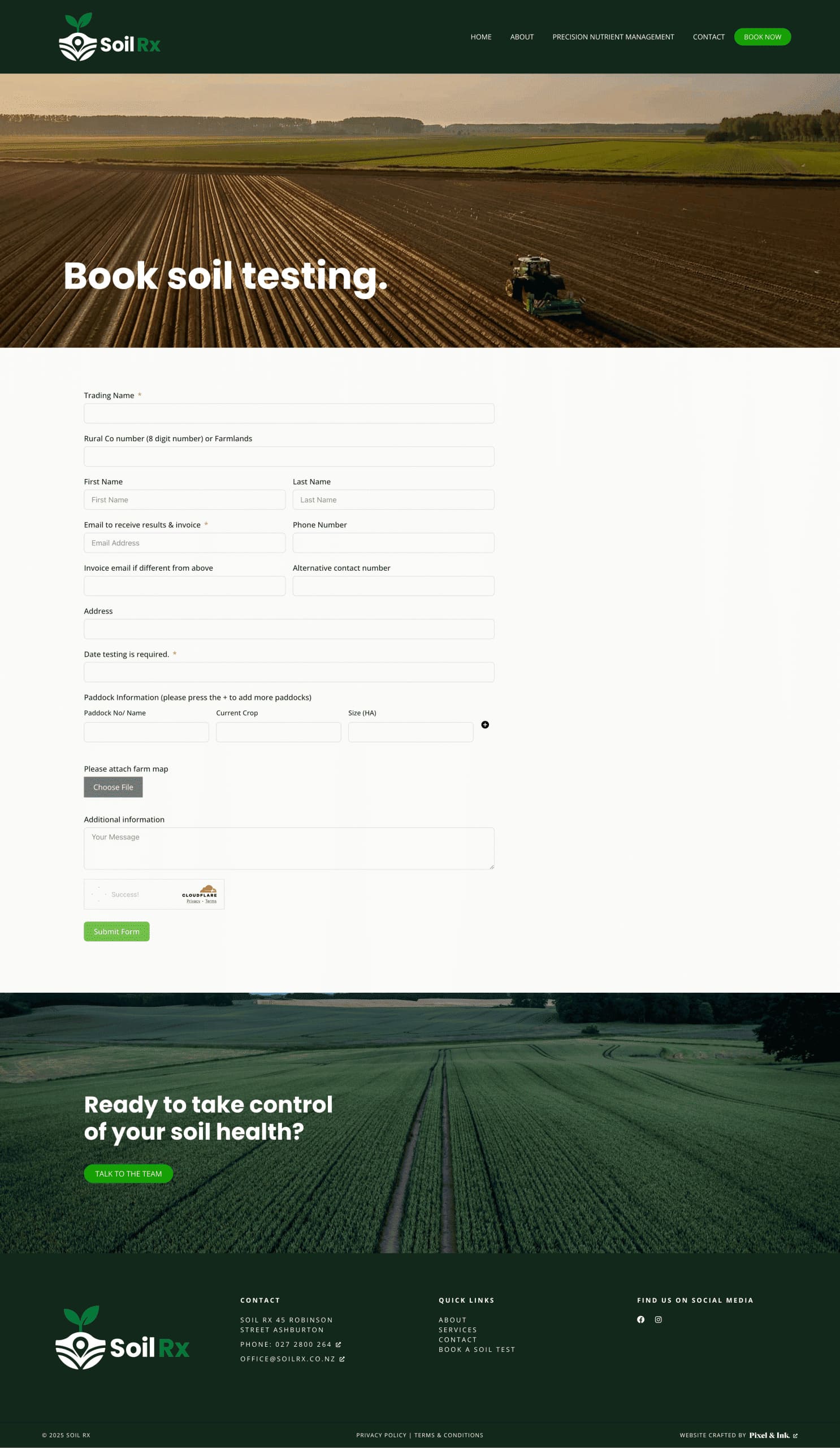 A website page for Soil Rx shows an online form for booking soil testing, with a header image of a tractor in a field and a footer image of farmland.