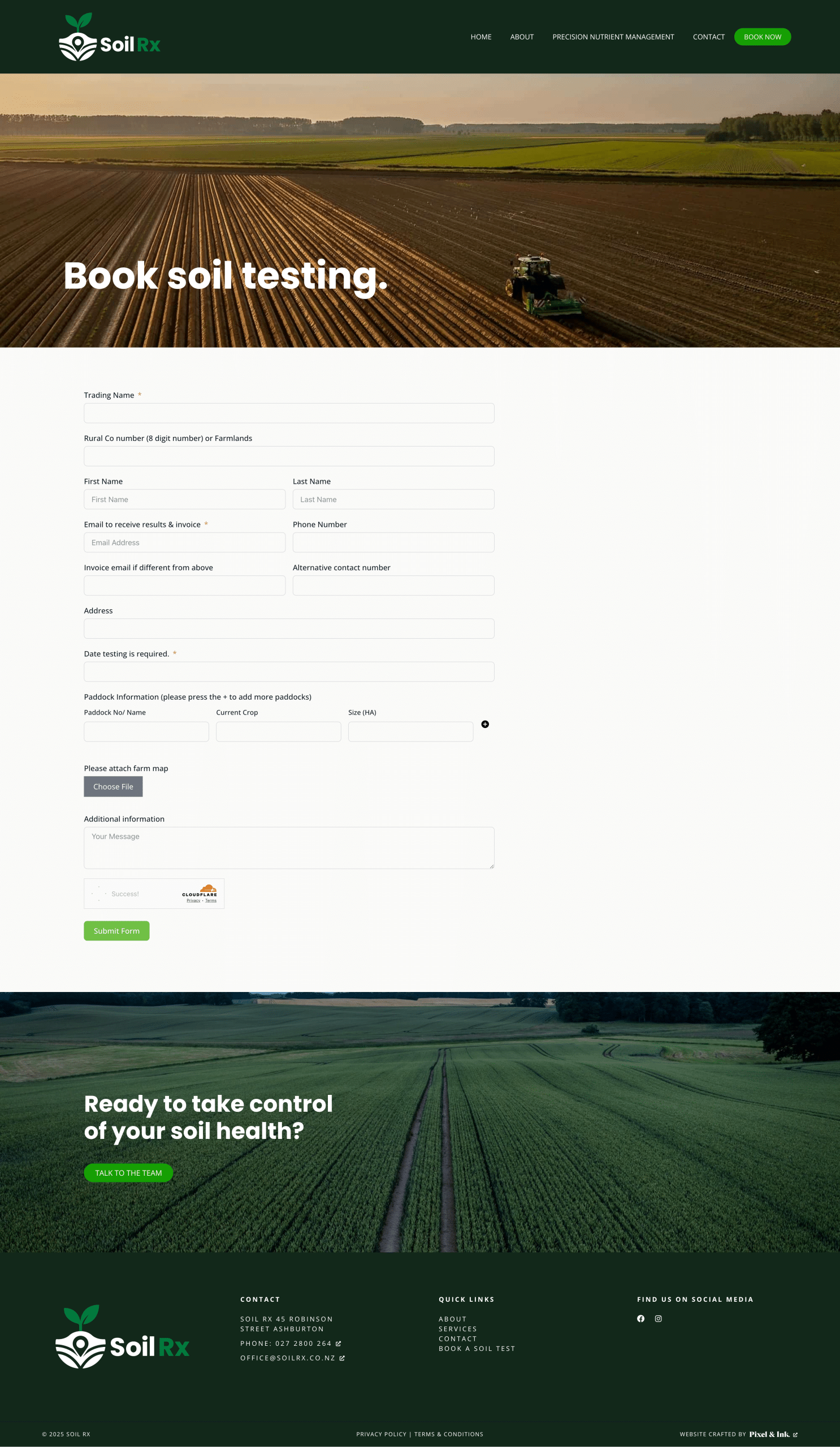 An online form for booking soil testing services is displayed over a background image of a tractor working in a large agricultural field, making it an ideal addition to portfolio projects focused on agricultural technology.