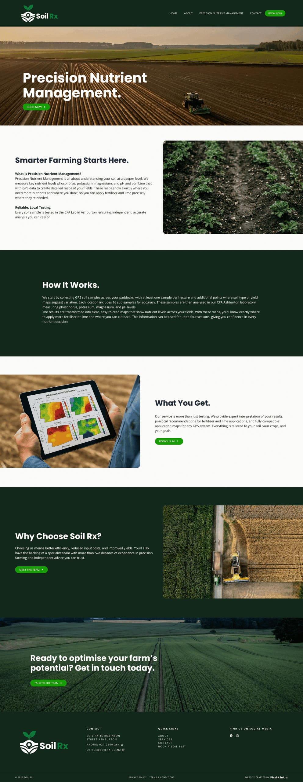 A website homepage for Soil Rx featuring images of farmland, a tablet with a soil analysis app, and information about precision nutrient management for smarter farming.