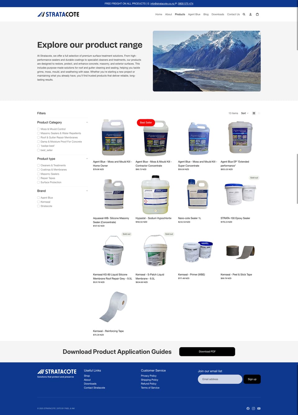 A website page displays various paint and coating products with filters on the left, product images, names, and prices in the center, and a mountain photo banner at the top.