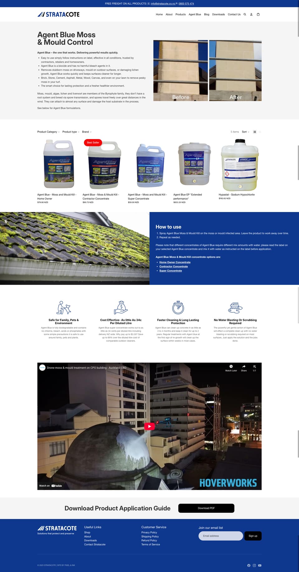 A product webpage for Stratacote's Agent Blue Moss & Mould Control, showing product images, application instructions, a demonstration video, and a download link for the product guide.