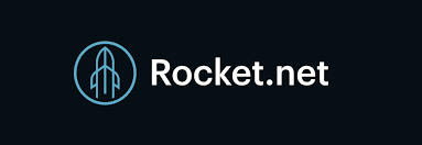 blue rocket on a black backround and the rect rocket.net in white