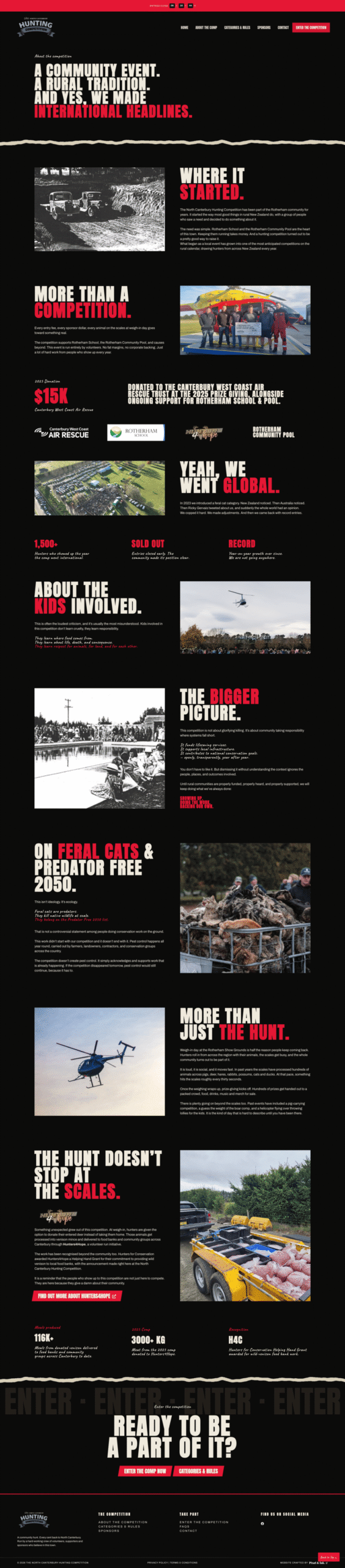 Screenshot of a website promoting a large-scale airsoft event, featuring event details, photos of participants, vehicles, equipment, and registration information set against a black background.