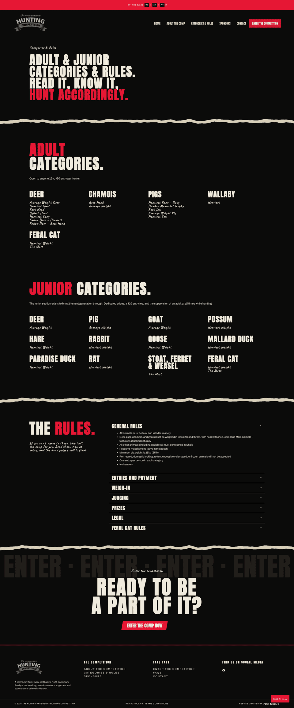 Screenshot of a hunting club website displaying adult and junior hunting categories, a list of animals, hunting rules, and a call to join the club. Black background with red and white text.