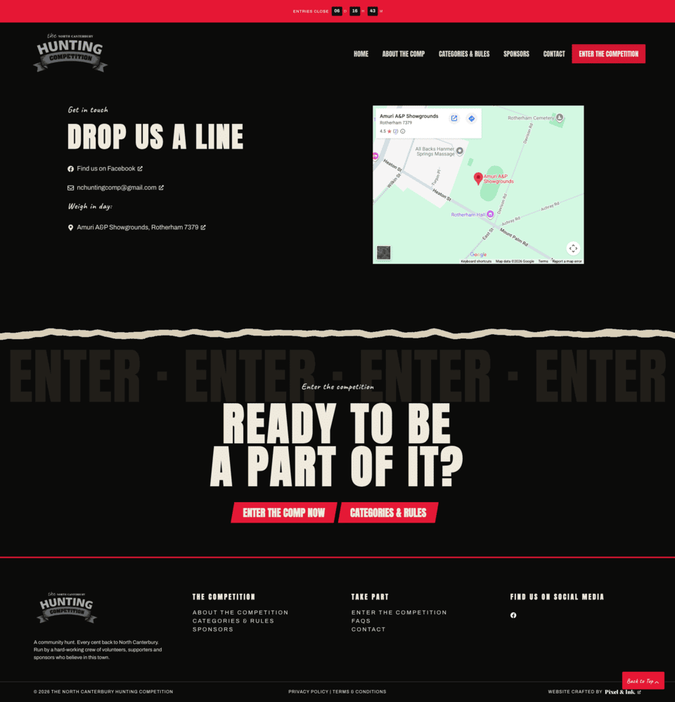 Screenshot of a contact page for the South Canterbury Hunting Competition, displaying contact details, a map, and a section promoting entry to the competition.