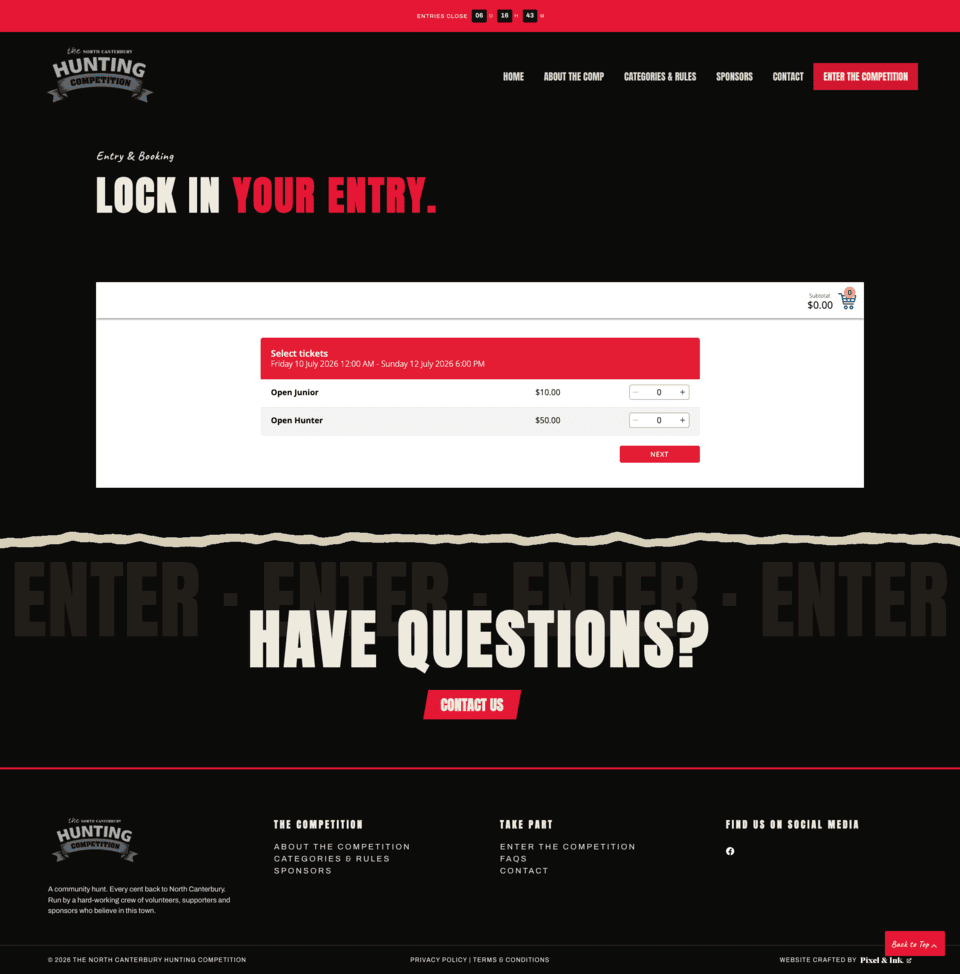 A competition entry page with options to select ticket quantities, a "Next" button, and prominent "Have Questions? Contact Us" text below.