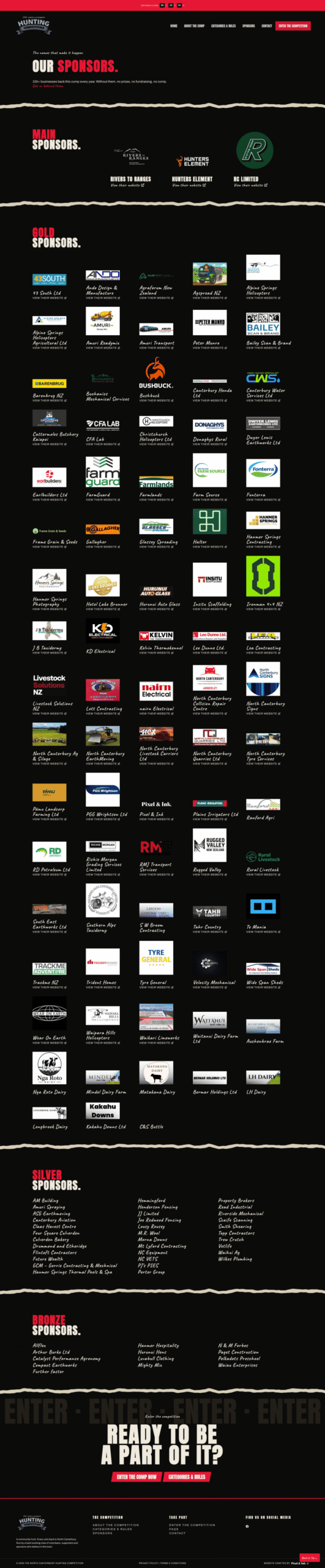A black webpage displays multiple sponsor logos arranged in rows, with section headers “Our Sponsors” and “Sponsors,” and text links at the top and bottom.